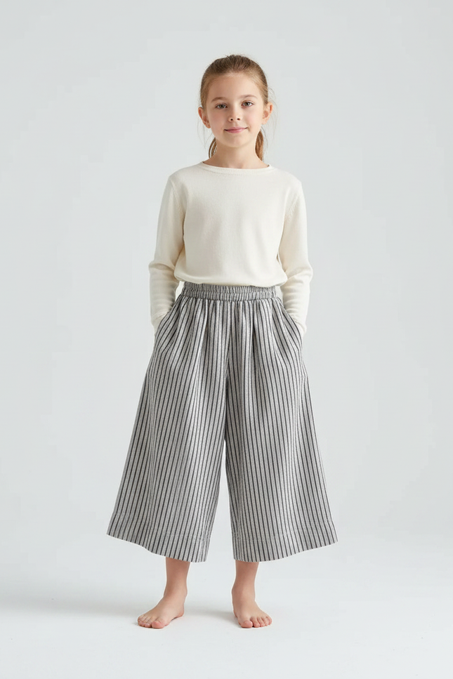 Pantalon Fluide Rayé Large Coton Lin Décontracté - Gris
