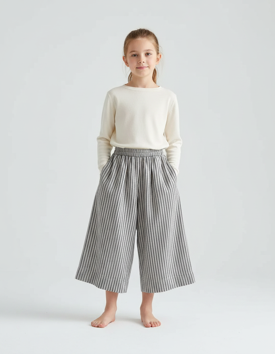Pantalon Fluide Rayé Large Coton Lin Décontracté - Gris