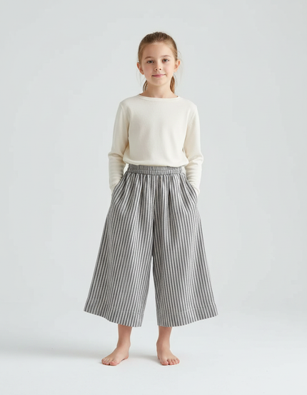 Pantalon Fluide Rayé Large Coton Lin Décontracté - Gris
