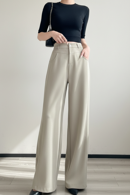 Pantalon Fluide Beige Large Taille Haute Décontracté Élégant - Polyester