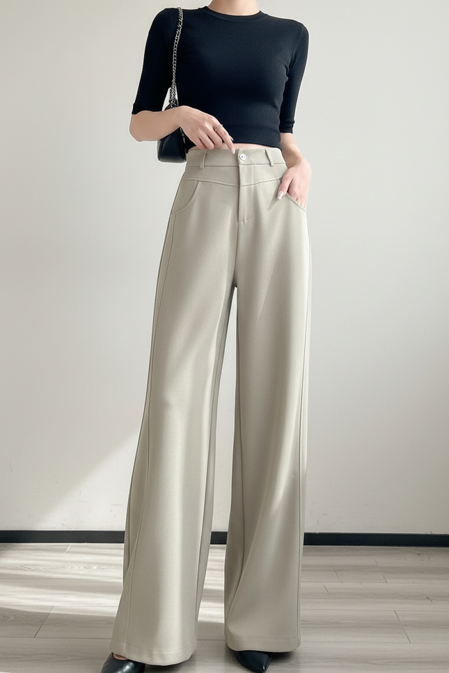 Pantalon Fluide Beige Large Taille Haute Décontracté Élégant - Polyester