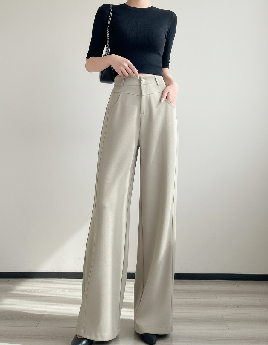 Pantalon Fluide Beige Large Taille Haute Décontracté Élégant - Polyester