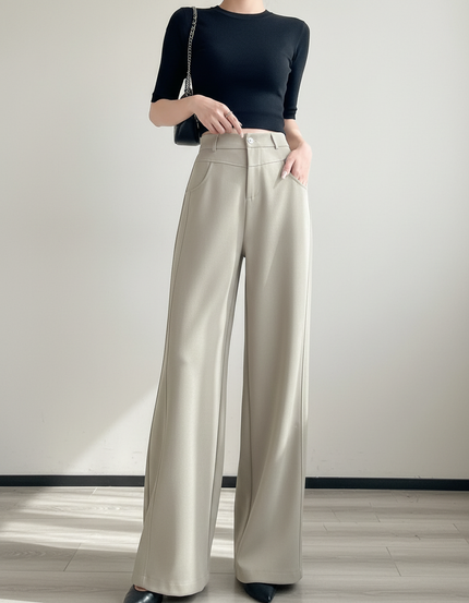 Pantalon Fluide Beige Large Taille Haute Décontracté Élégant - Polyester