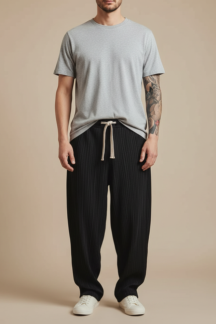 Pantalon Fluide Noir Plissé Ample Homme Décontracté - Polyester