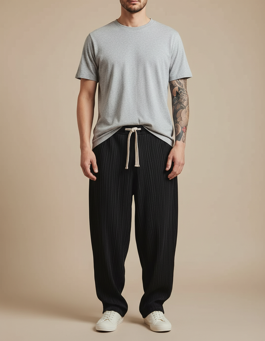 Pantalon Fluide Noir Plissé Ample Homme Décontracté - Polyester