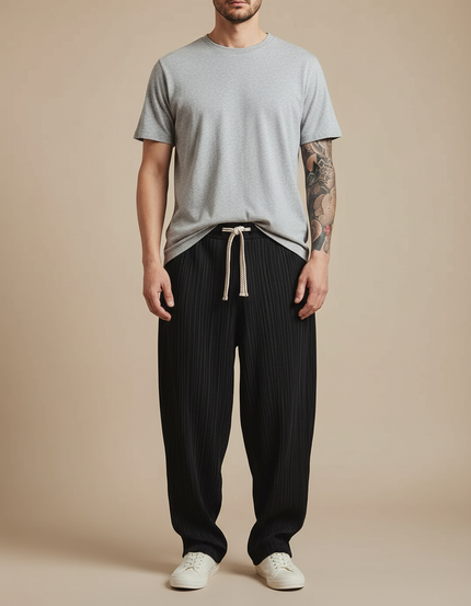 Pantalon Fluide Noir Plissé Ample Homme Décontracté - Polyester