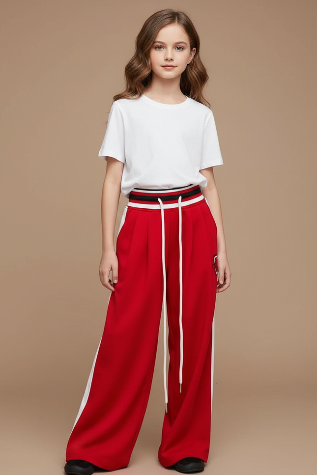 Pantalon Fluide Rouge Ample Décontracté Rayures Blanches - Molleton