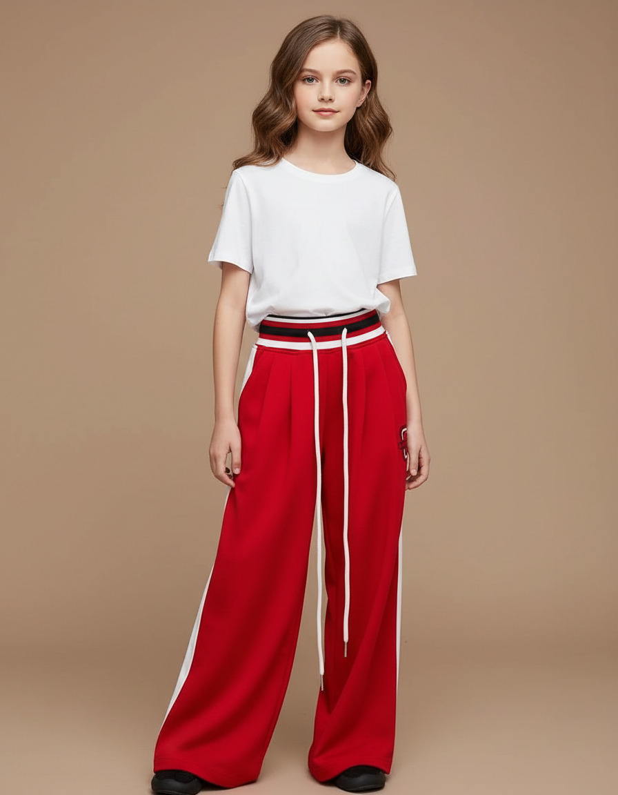 Pantalon Fluide Rouge Ample Décontracté Rayures Blanches - Molleton