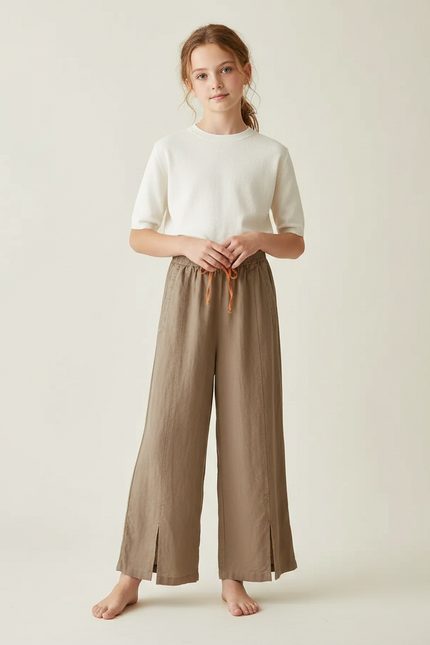 Pantalon Fluide Lin Coton Ample Fendu Marron