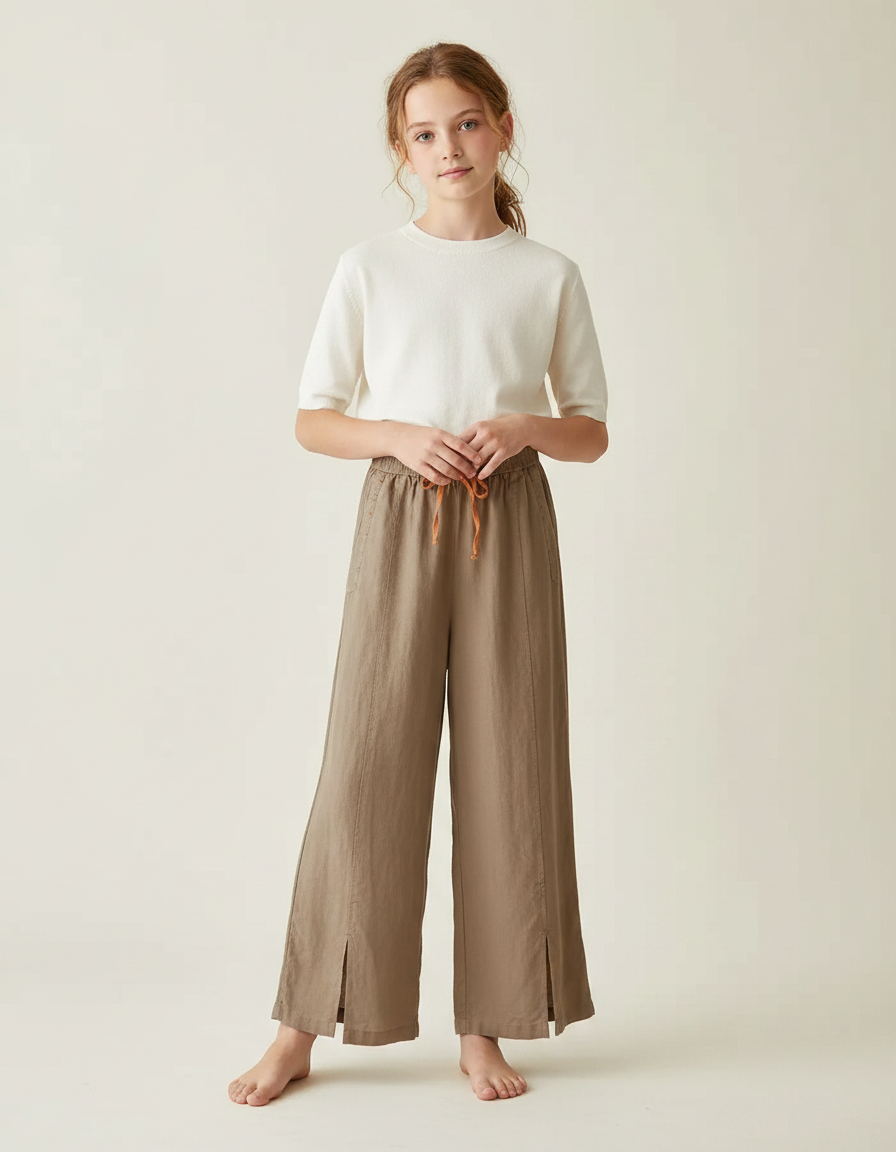 Pantalon Fluide Lin Coton Ample Fendu Marron