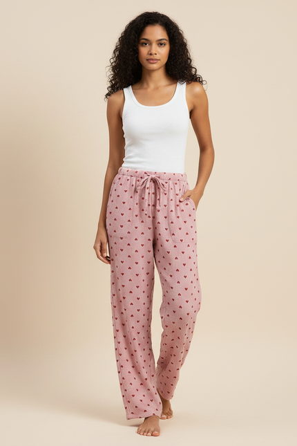 Pantalon Fluide Rose Coton Imprimé Cœurs Ample Femme