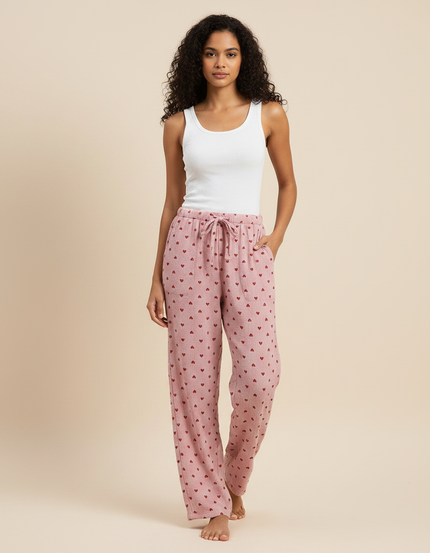 Pantalon Fluide Rose Coton Imprimé Cœurs Ample Femme