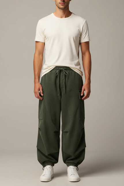 Pantalon Fluide Cargo Côtelé Vert Ample Homme - Cordé