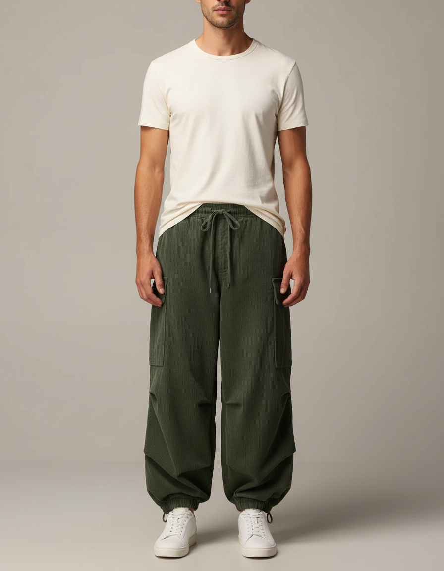 Pantalon Fluide Cargo Côtelé Vert Ample Homme - Cordé