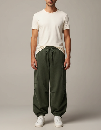 Pantalon Fluide Cargo Côtelé Vert Ample Homme - Cordé