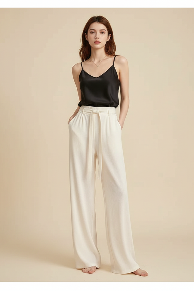 Pantalon Fluide Écru Ample Ceinturé Élégant Femme - Beige Viscose