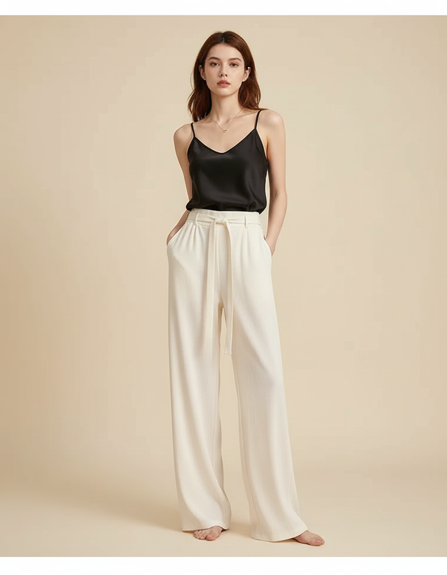 Pantalon Fluide Écru Ample Ceinturé Élégant Femme - Beige Viscose