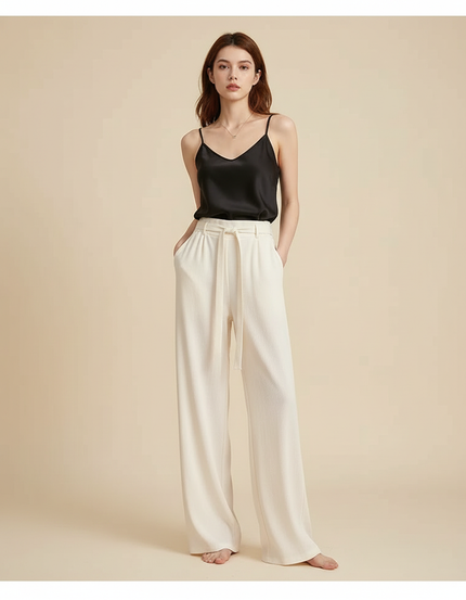 Pantalon Fluide Écru Ample Ceinturé Élégant Femme - Beige Viscose