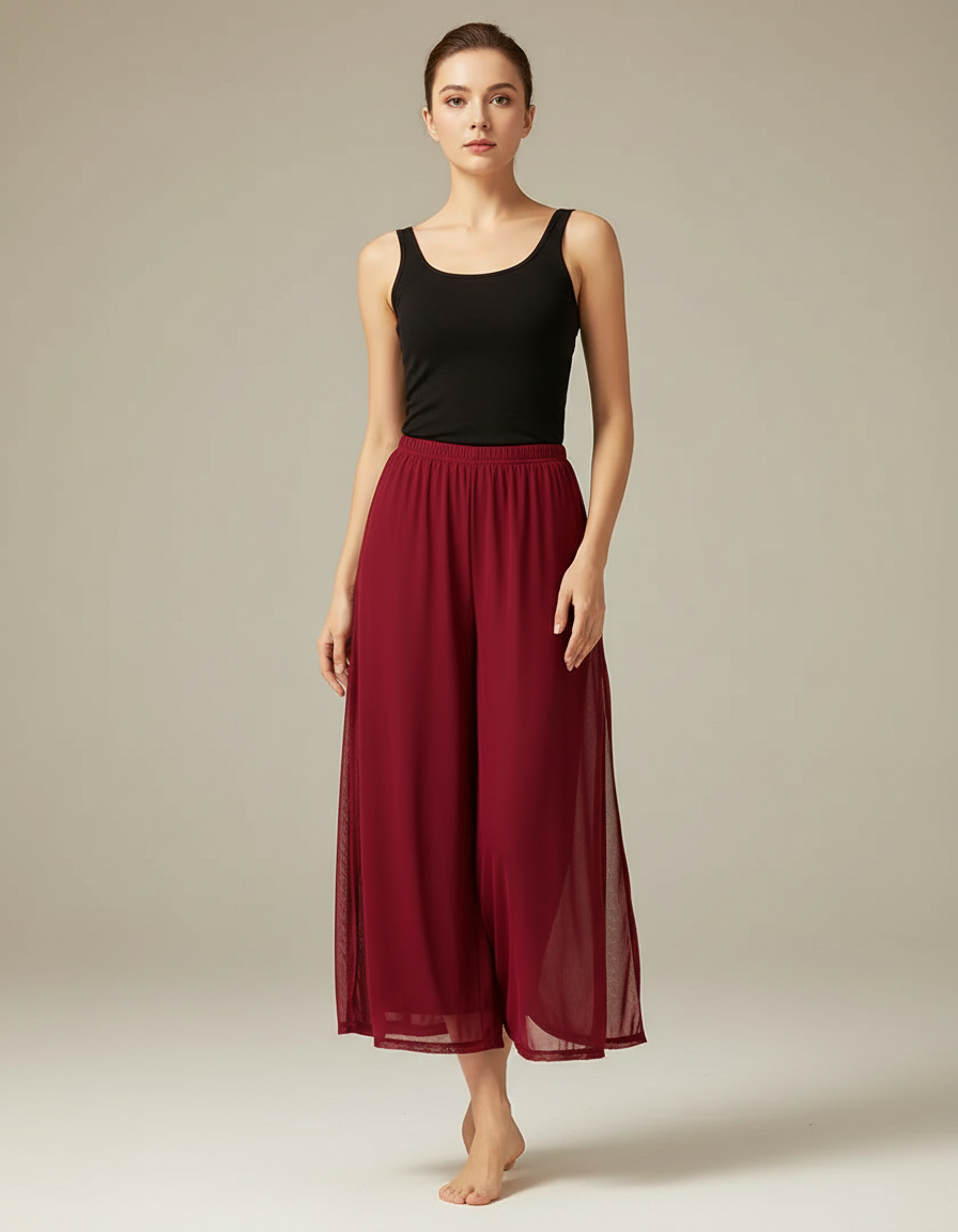 Pantalon Fluide Bordeaux Gaze Ample Danse Classique - Polyester