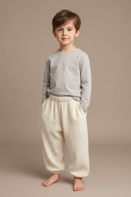 Pantalon Fluide Écru Tricoté Câblé Confortable Enfant - Beige Maille