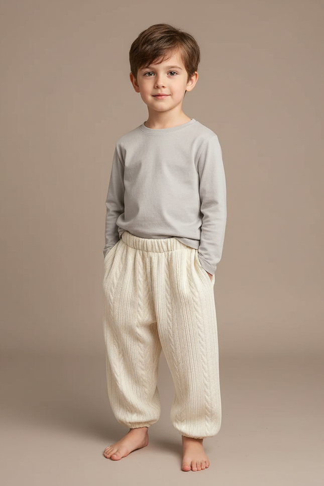 Pantalon Fluide Écru Tricoté Câblé Confortable Enfant - Beige Maille