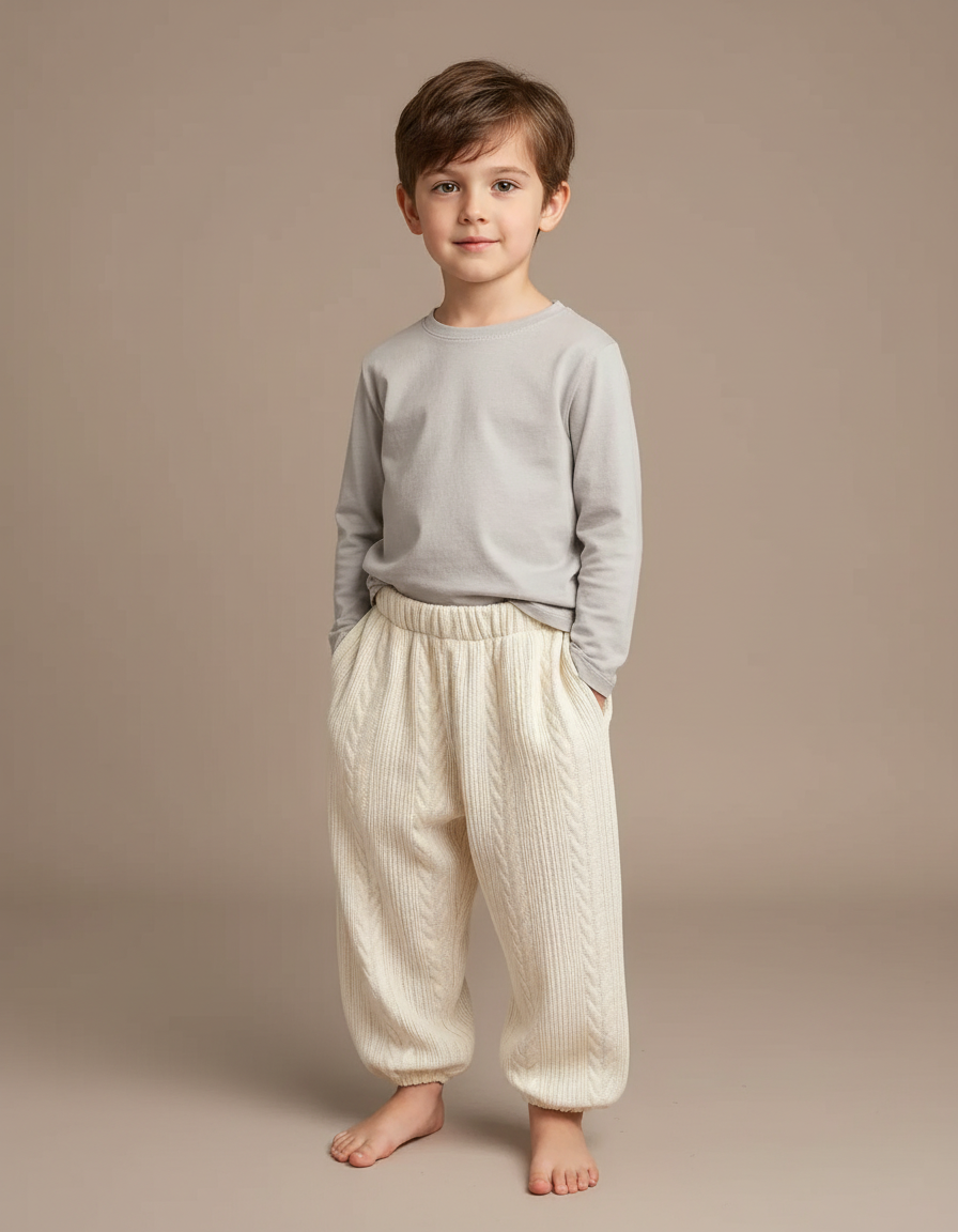 Pantalon Fluide Écru Tricoté Câblé Confortable Enfant - Beige Maille
