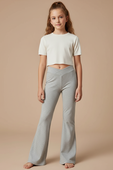 Pantalon Fluide Gris Évasé Côtelé Confortable Fille - Molleton