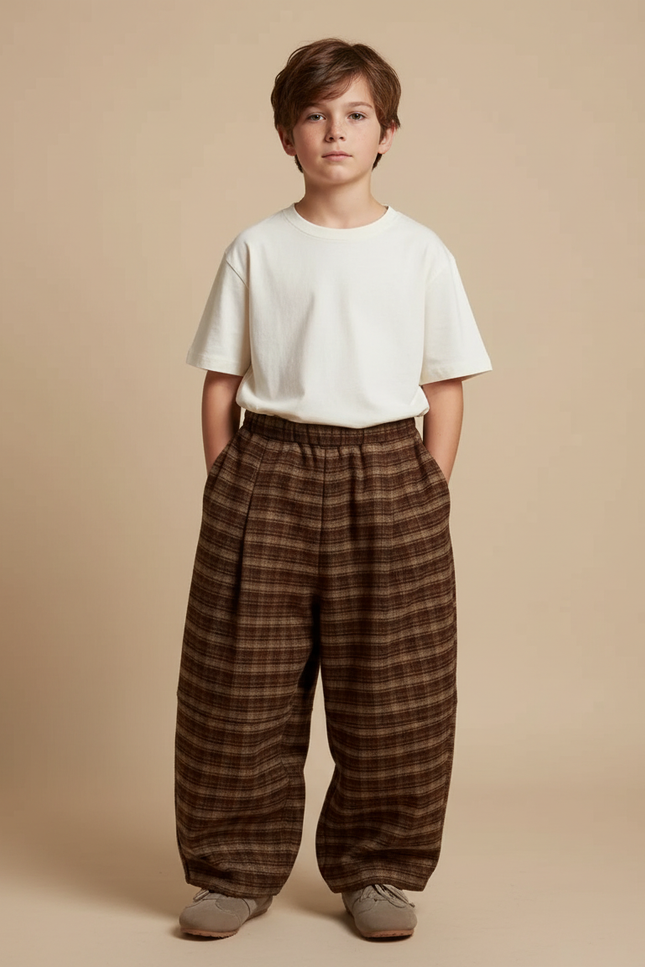 Pantalon Fluide Marron Carreaux Ample Épais Garçon - Tweed