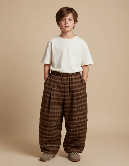 Pantalon Fluide Marron Carreaux Ample Épais Garçon - Tweed