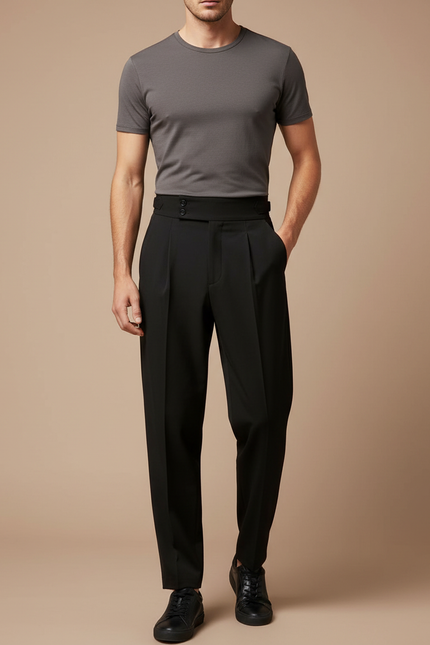 Pantalon Fluide Noir Plissé Taille Haute Élégant Homme - Polyester