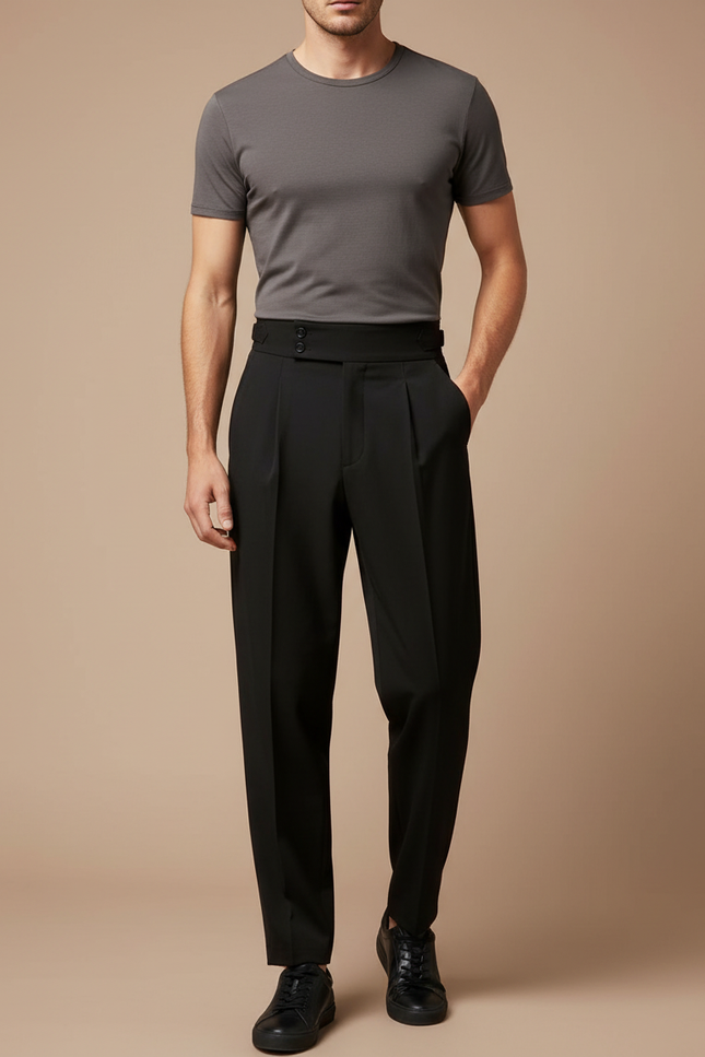 Pantalon Fluide Noir Plissé Taille Haute Élégant Homme - Polyester