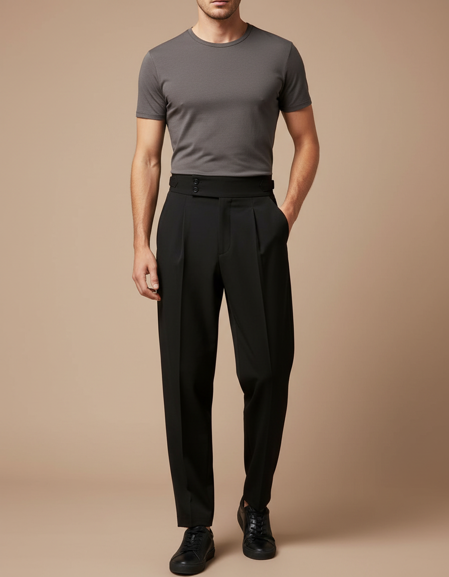 Pantalon Fluide Noir Plissé Taille Haute Élégant Homme - Polyester