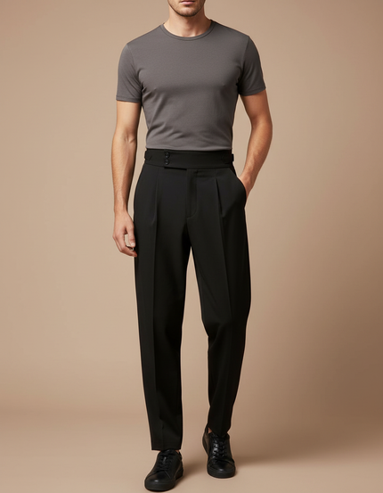 Pantalon Fluide Noir Plissé Taille Haute Élégant Homme - Polyester
