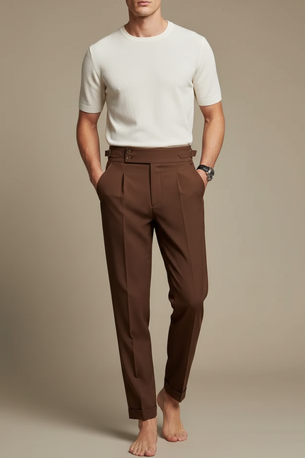 Pantalon Fluide Marron Droit Élégant Plissé Homme - Gabardine