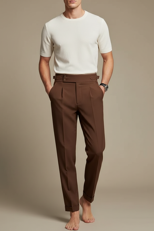 Pantalon Fluide Marron Droit Élégant Plissé Homme - Gabardine