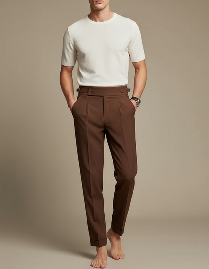 Pantalon Fluide Marron Droit Élégant Plissé Homme - Gabardine