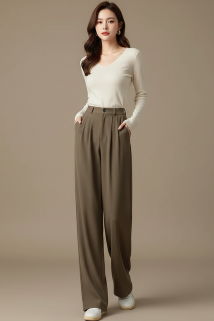 Pantalon Fluide Kaki Ample Décontracté Taille Haute Femme - Polyester