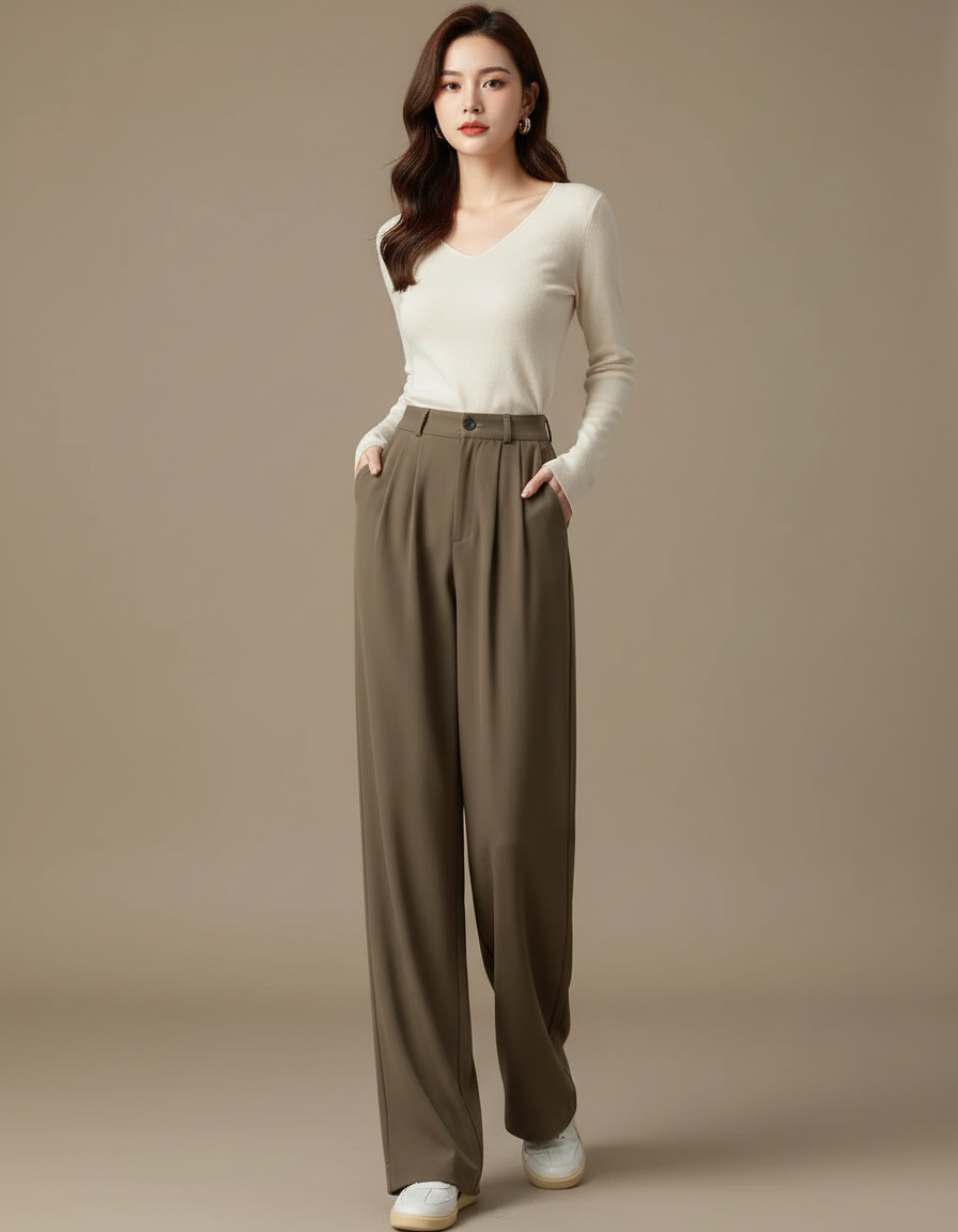 Pantalon Fluide Kaki Ample Décontracté Taille Haute Femme - Polyester