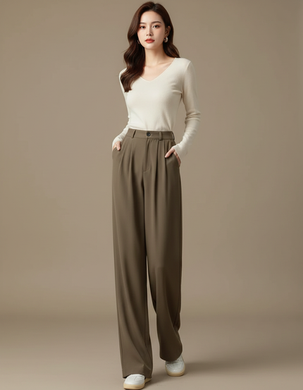 Pantalon Fluide Kaki Ample Décontracté Taille Haute Femme - Polyester