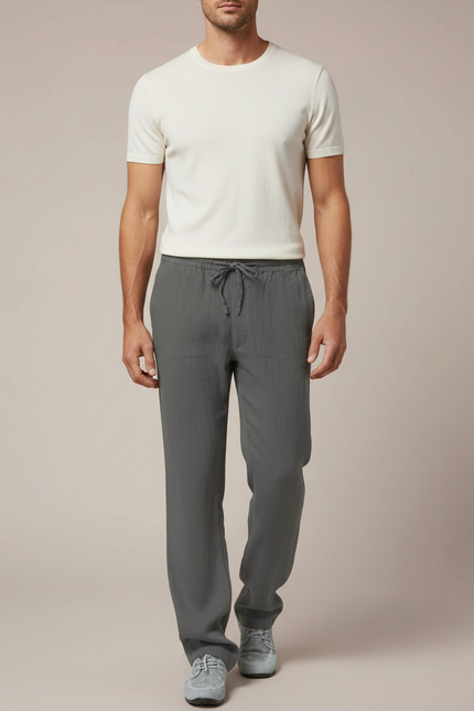 Pantalon Fluide Homme Coton Lin Décontracté Gris Ample