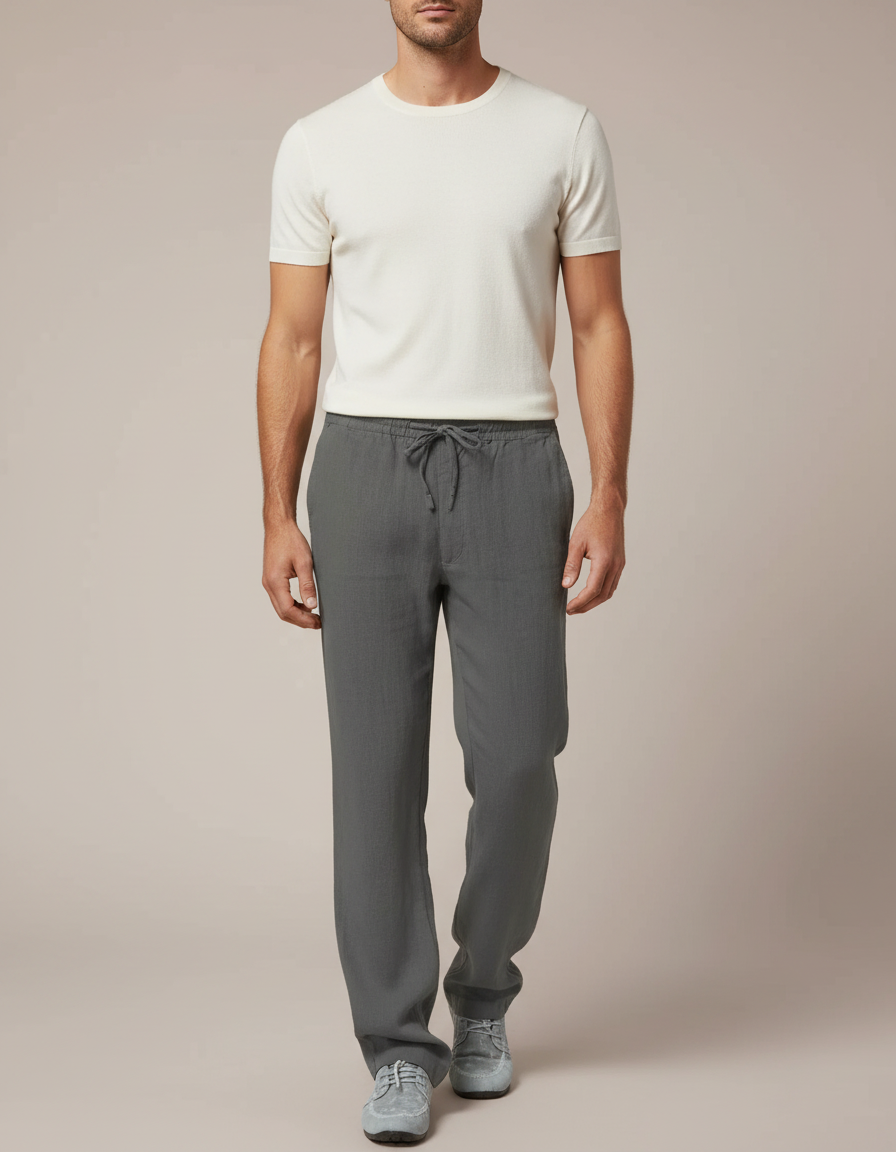 Pantalon Fluide Homme Coton Lin Décontracté Gris Ample