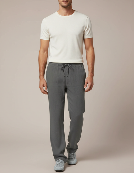 Pantalon Fluide Homme Coton Lin Décontracté Gris Ample