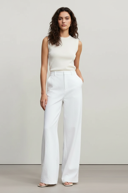 Pantalon Fluide Blanc Ample Taille Haute Droit Femme - Lin