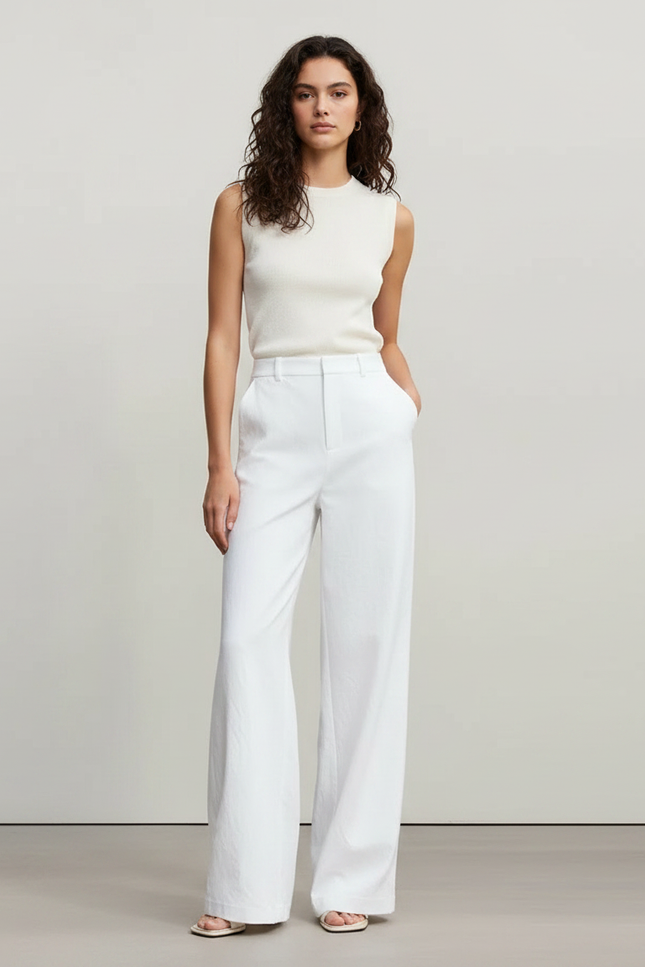 Pantalon Fluide Blanc Ample Taille Haute Droit Femme - Lin