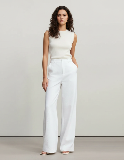 Pantalon Fluide Blanc Ample Taille Haute Droit Femme - Lin