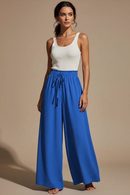 Pantalon Fluide Bleu Royal Ample Taille Haute Décontracté - Polyester