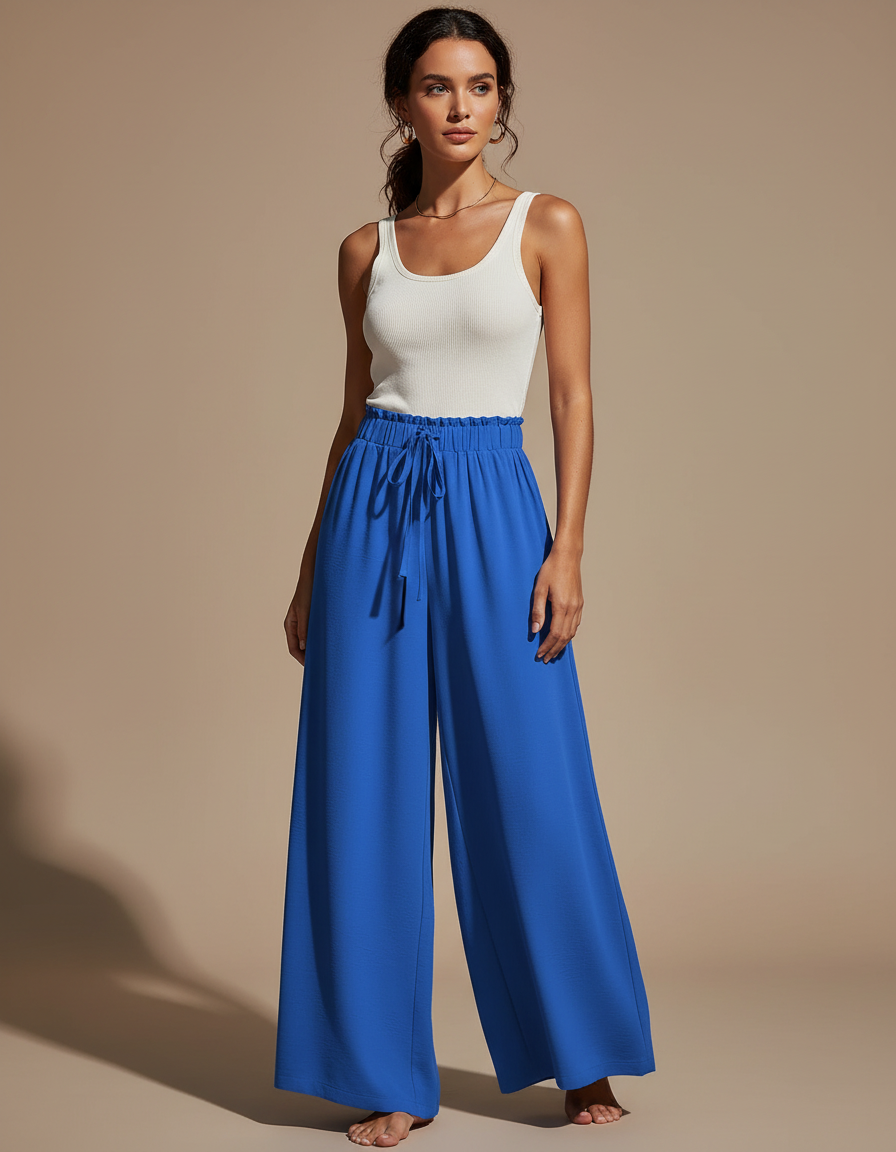 Pantalon Fluide Bleu Royal Ample Taille Haute Décontracté - Polyester