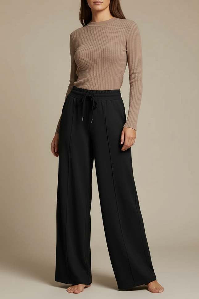 Pantalon Fluide Noir Ample Cordon Décontracté Poches - Maille