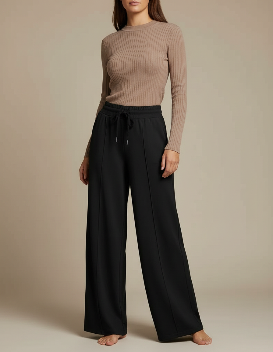 Pantalon Fluide Noir Ample Cordon Décontracté Poches - Maille