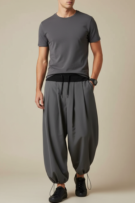 Pantalon Fluide Gris Ample Cordon Plissé Confortable - Polyester